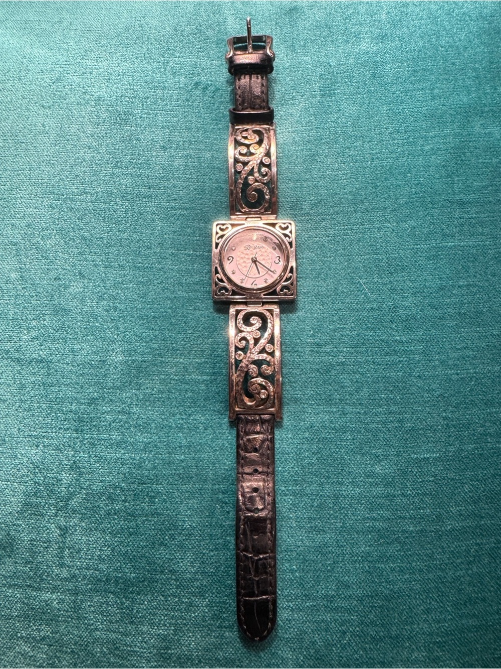 Brighton Women’s Vintage-Style Filigree Square Watch in Silver and black Leather